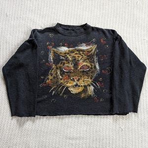 VTG Hand Painted Cheetah ALTERED Cut Cropped Adult XL Black Pullover Sweatshirt